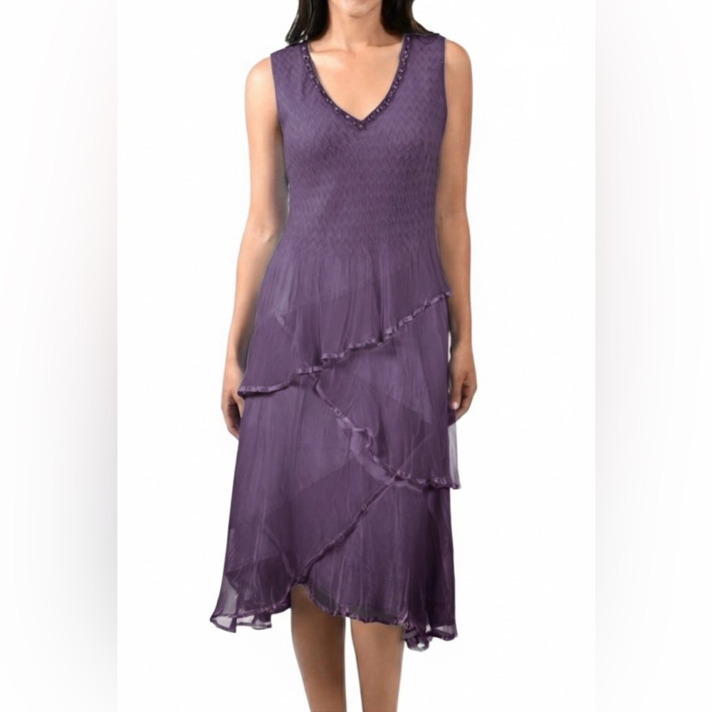 Komarov Purple Beaded V-Neck Chiffon Crinkle Tiered Midi Dress